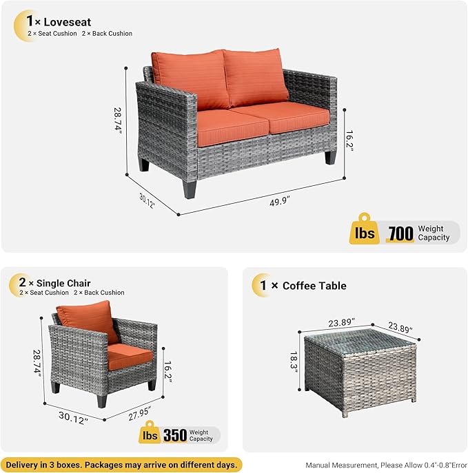 ovios 4 Pieces Patio Furniture Set, Outdoor Wicker Rattan Sofa Couch with Loveseat, Chairs, Glass Coffee Table, Conversation Sets for Yard Porch Garden, Orange Red