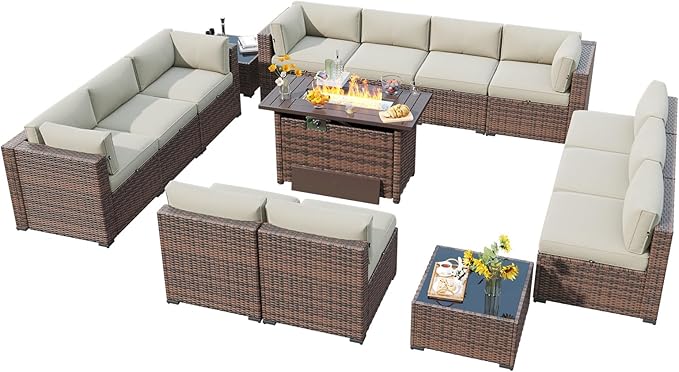 LazySunsets 15 Piece Outdoor Patio Furniture Set with 44'' Fire Pit Table, Outdoor Patio Furniture Set with Waterproof Cover, Wicker Rattan Outdoor Conversation Set for Backyard & Garden, Beige