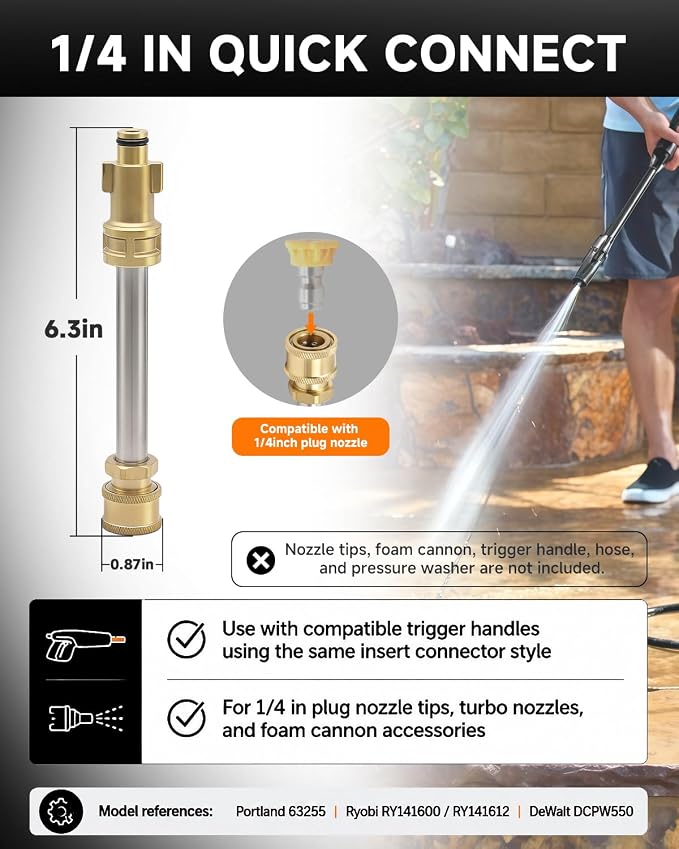 1/4" Quick Connect Pressure Washer Gun Adapter, Compatible with Portland 1750, DEWALT, Ryobi, Sun Joe Electric Power Washer, 1/4" Quick-Connect Fitting for Nozzle Tips & Foam Cannons