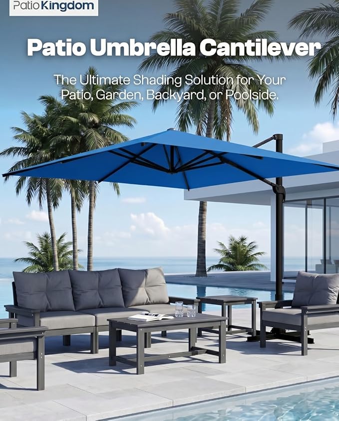 10'×10' Patio Umbrella, Aluminum Cantilever Umbrella with 360°Rotation, Offset Patio Umbrella with Easy Tilt Fade Resistance for Pool Deck Backyard, Royal Blue (Base not Included)