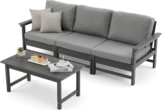 HDPE Outdoor Patio Furniture Set, 4-Piece Sofa Set with 3-Seat Couch & Coffee Table, Weatherproof Conversation Set with Cushions, All-Weather Waterproof, for Garden, Porch & Backyard
