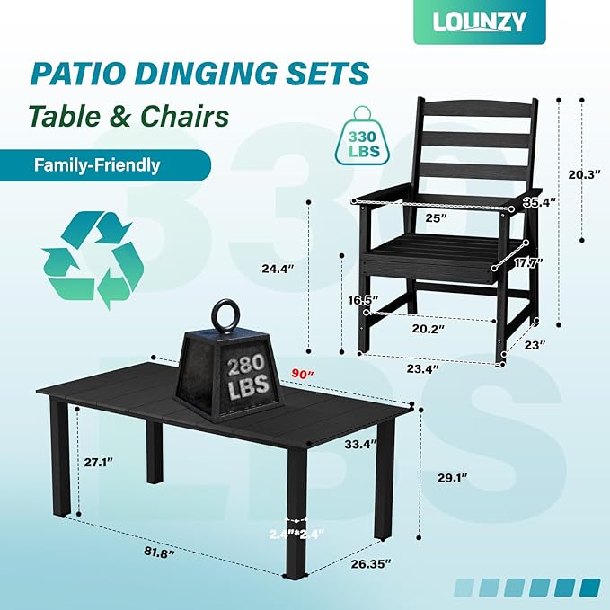 LOUNZY 9 Pieces Patio Dining Sets, 90'' Table Outdoor HDPE Furniture Set w/ 2" Hole Cut-Out Dining Table with 8 Patio Chairs for Lawn, Pool and Yard, Black