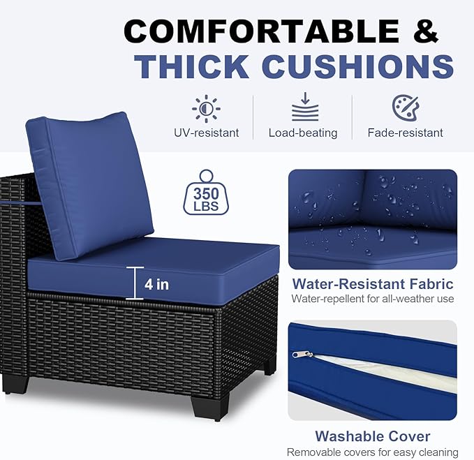 Peacabo7 Pieces Patio Furniture Set, Outdoor Sectional Rattan Sofa Set, Wicker Patio Conversation Set with Cushions and Glass Coffee Table, for Balcony, Porch, Garden, Coffee and Blue