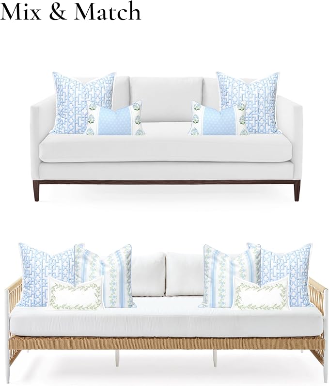 Hofdeco Premium Grandmillennial Coastal Hampton Patio Indoor Outdoor Throw Pillow Cover Only, 20"x20" Water Repellent for Backyard, Couch, Poolside, Baby Blue Print Fretwork Trellised Screen