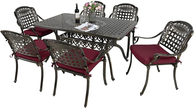 MEETWARM 7-Piece Outdoor Furniture Dining Set, All Weather Cast Aluminum Patio Garden Set with 6 Chairs, 6 Cushions, 1 Rectangular Table, 2" Umbrella Hole, Dark Bronze, Chili Red