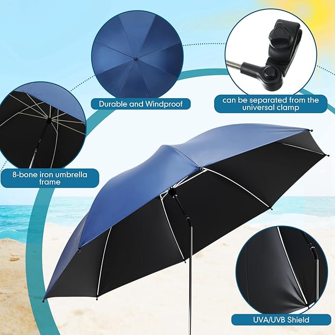 2 Pcs Beach Umbrella with Clamp UV Protection 48 Inch Adjustable Umbrellas for Chair with 360° Universal Clamps for Beach Camping Stroller Wheelchair, Chair Not Included(Deep Blue)