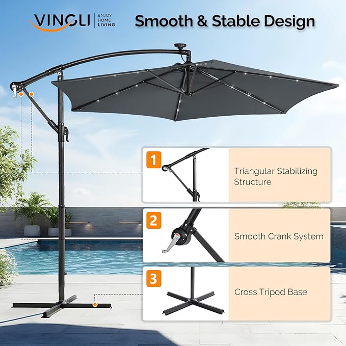 VINGLI 10 ft Cantilever Patio Umbrella, Offset Cantilever Outdoor Umbrella with Solar Lights, Easy Crank & Tilt Adjustment for Backyard, Poolside, Deck