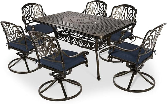 VIVIJASON 7-Piece Outdoor Furniture Dining Set, All-Weather Cast Aluminum Conversation Set Includes 6 Swivel Dining Chairs and a Rectangle Table with Umbrella Hole for Patio Garden, Navy Blue Cushion
