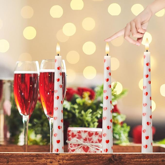 Valentine Day Flameless Taper Candles with Heart, 9.6" Real Wax LED Candles with Remote, 3 Pack Flickering Battery Operated Candlesticks for Proposal Wedding Anniversary Romantic Night