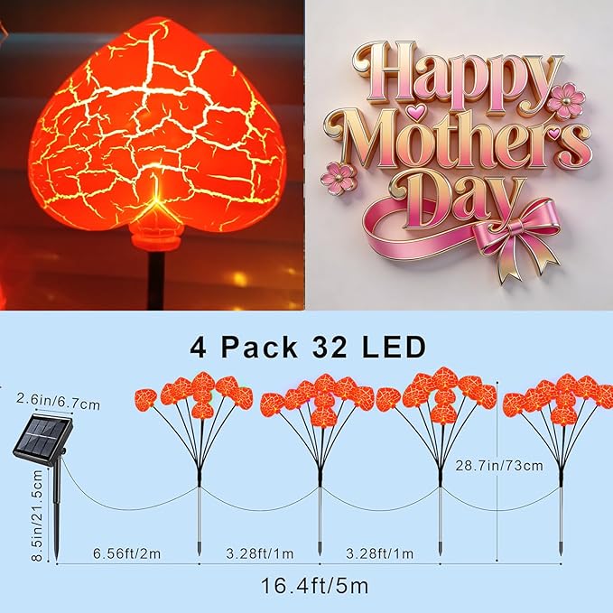 KerKoor Solar Garden Lights Mothers Day Decorations Lights Outdoor Waterproof 4 Pack 32 LED Pink Heart 8 Modes Gifts for Mom Mother Women Party Yard Path Wedding Valentines Mother‘s Day Decor (Pink)