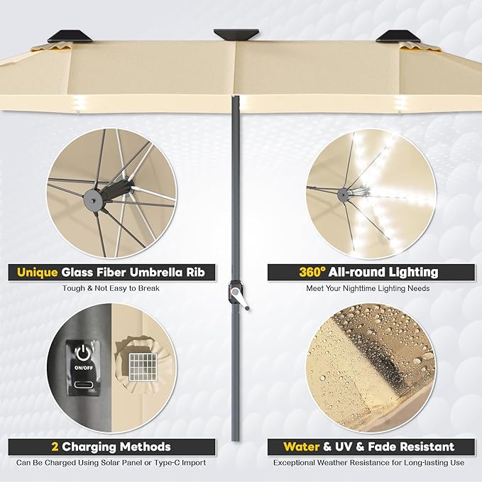 AECOJOY 15ft Large Patio Umbrella with Solar Lights, Double-Sided Outdoor Rectangle Market Umbrella with Base Included, 156 PCS LED Lights, Crank Handle for Garden Deck Pool in Tan(1.9" Pole)