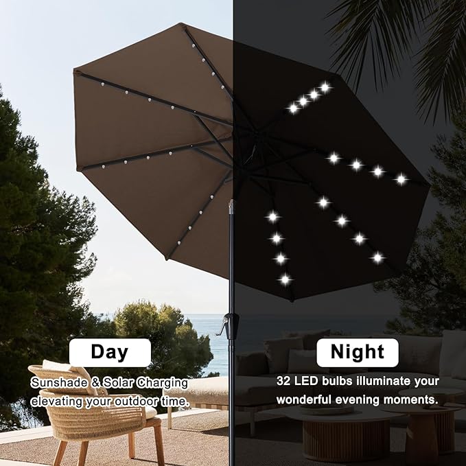 ABCCANOPY Durable Solar Led Patio Umbrellas with 32LED Lights 9FT (Brown)