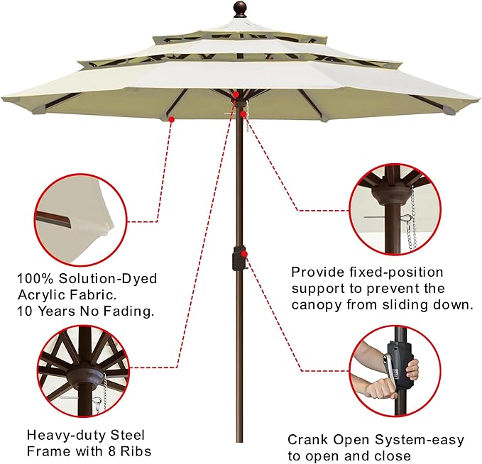EliteShade USA 10-Year-Non-Fading 11ft 3-Tier Market Patio Umbrella, Commercial Grade Outdoor Table Umbrella with Crank Open, Windproof & UPF 50+ UV Protection, Heavy Duty Ventilation for Garden, Deck, Pool, Backyard, Beach & Bistro, No Tilt, Natural