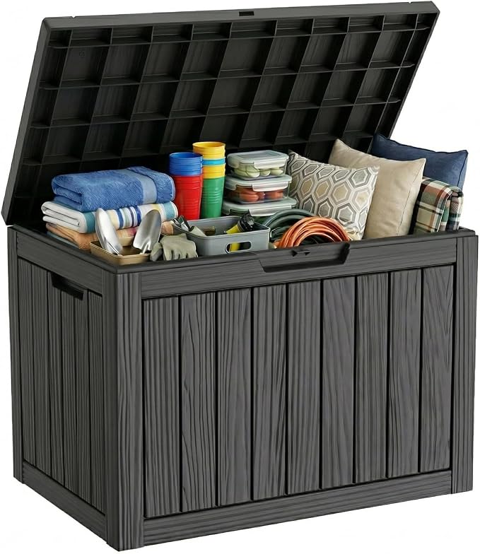 Resin Deck Box Outdoor Storage Box Waterproof for Patio Furniture,Outdoor Cushions,Garden Tools and Pool Supplies (Black, 50 Gallon)