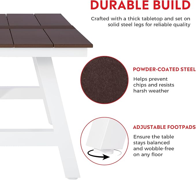 Costaelm Outdoor Dining Tables for Patio, 72" Rectangle 6-Person HDPE Dining Table with Umbrella Hole and Metal Frame for Outside, Garden, Poolside, Backyard, Porch, Balcony, Dark Brown