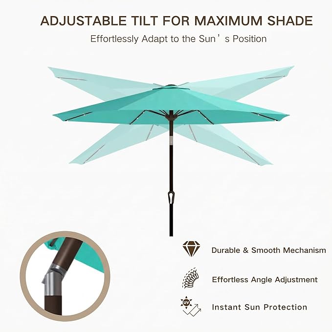 Kingdura 9FT Outdoor Patio Umbrella with Solar Lights, Market Table Umbrella with Push Button Tilt & Crank, 8 Sturdy Ribs, 32 LED Lights, UV Protection for Garden Lawn Deck Backyard Pool (Tiffany blue)
