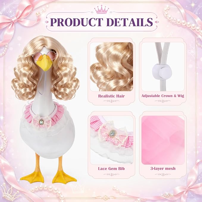 6 Pcs Princess Porch Goose Outfit for 23" | Includes Crown Wig Sunglasses Necklace Bib Tutu Skirt Princess Goose Clothes for Outdoor Garden Lawn Art Decor