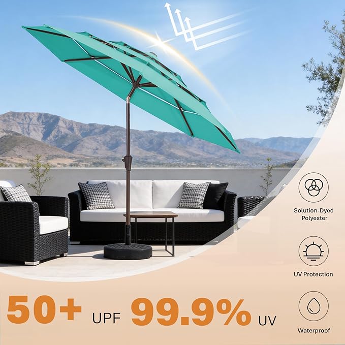 JEAREY 9FT 3 Tier Patio Umbrella Outdoor Market Umbrella Table Umbrellas with 8 Ribs 1.5 Pole Push Button Tilt and Crank UV Protection for Garden,Peacock Blue