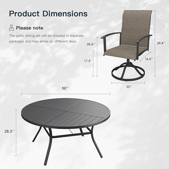 VICLLAX 7 Pieces Patio Outdoor Dining Set, 6 Swivel Textilene Chairs and 50" Round Metal Table with Umbrella Hole for Porch, Deck, Garden, Black/Brown