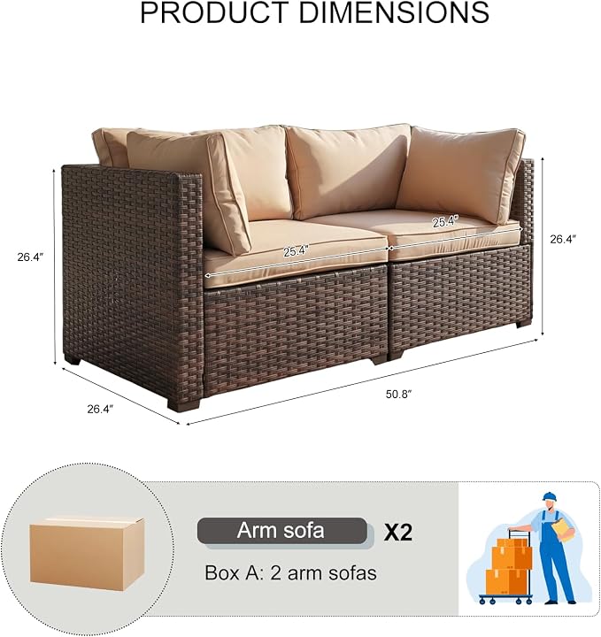 2 Pieces Patio Furniture Set, Outdoor PE Rattan Sectional Sofa with Soft Cushions for Backyard, Porch, and Poolside (Beige, 2 PCS)