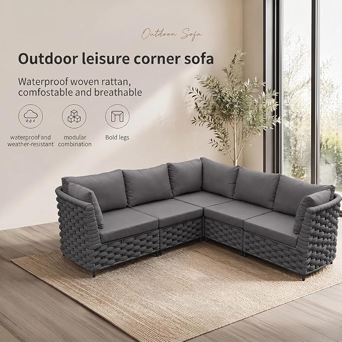 TWT 5-Piece Modular Outdoor Sectional Sofa Set, 5-Seater Woven Rope Patio Conversation Couch with Water-Resistant Cushions, for Backyard Balcony Deck, Dark Gray