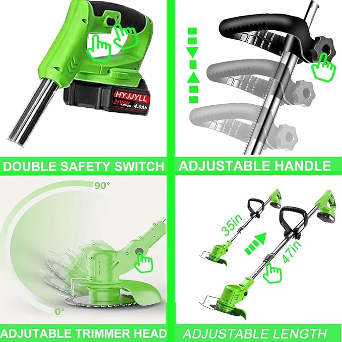 Weed Wacker,21V Electric Cordless Weed Eater 2×4.0Ah Battery-Powered with 3 Types of Blades, Adjustable Cutting Angle & Height, 3-in-1 Stringless Grass Trimmer, Brush Cutter for Lawn Yard Garden