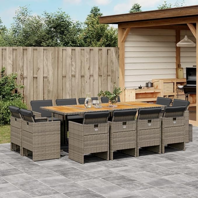 13-Piece Patio Dining Set with Cushions Gray Poly Rattan Outdoor Furniture Set for Backyard, Garden, Porch - Foldable Chairs & Acacia Wood Table