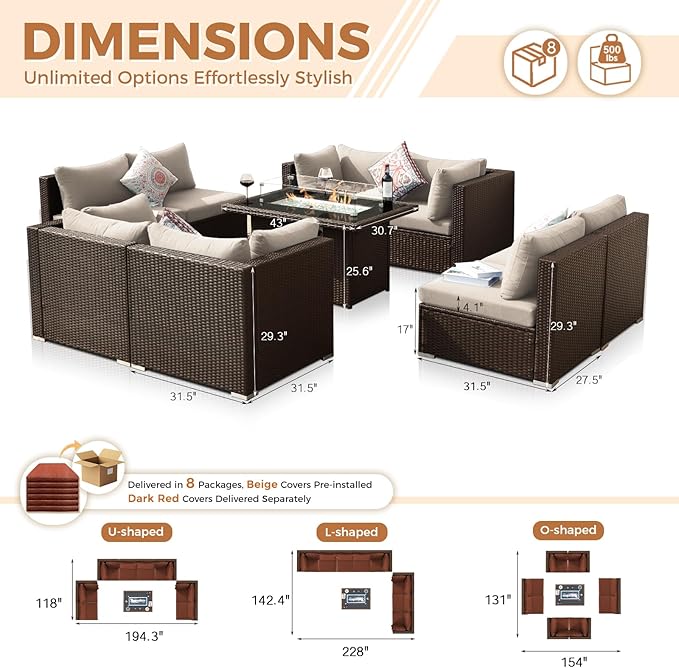 BULEXYARD 9 Pcs High Back Outdoor Sectional Set with Firepit Table, Modern Luxury Patio Furniture Seating Set, Oversized Wide Deep Modular 8-Seater Couch Sofa for Backyard, Brown Wicker & Red Cushion