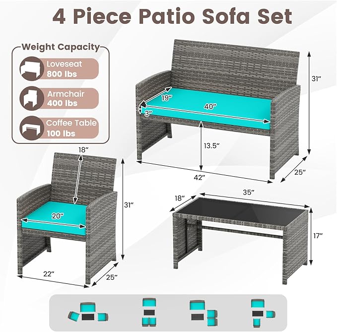 HAPPYGRILL 8 Piece Rattan Wicker Patio Conversation Set, Outdoor Furniture with Chair Loveseat Table & Cushion, for Backyard Porch Balcony (2, Turquoise)