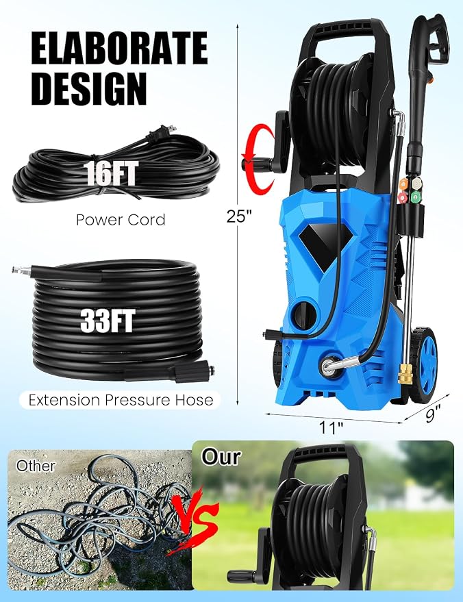 5000PSI Electric Pressure Washer - 2025 New Power Washer with Upgraded 33ft Pressure Washer Hose Reel, Foam Cannon, 4 Nozzle Set, Power Washer for House/Patios/Car/Fence, Blue