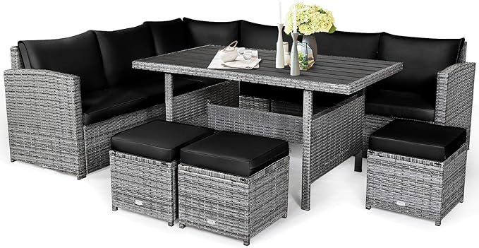 Tangkula 7 Pieces Patio Furniture Set, Outdoor Sectional Rattan Sofa Set with Cushions, All Weather Wicker Conversation Couch Set w/Dining Table & Ottomans for Backyard Garden Poolside (Black)