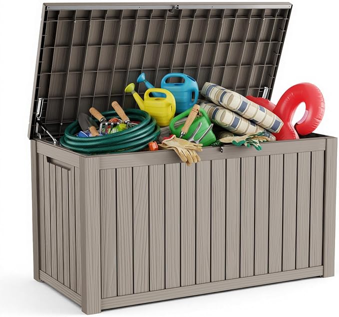 AmaVins Outdoor Storage Box, 180 Gallon Deck Box Indoor and Outdoor Use, Waterproof Resin Storage Bin for Package Delivery, Patio Cushions, Gardening Tools, Lockable, UV Resistant, Light Coffee
