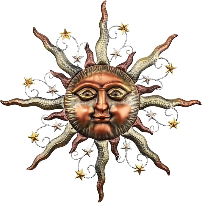 TERESA'S COLLECTIONS Sun Metal Wall Art for Outdoor Decor,21" Bronze Sun Face 3D Wall Decor for Garden Decor,Rustic Retro Hanging Sculpture for Outside Living Room Home Patio Farmhouse Gifts for Mom