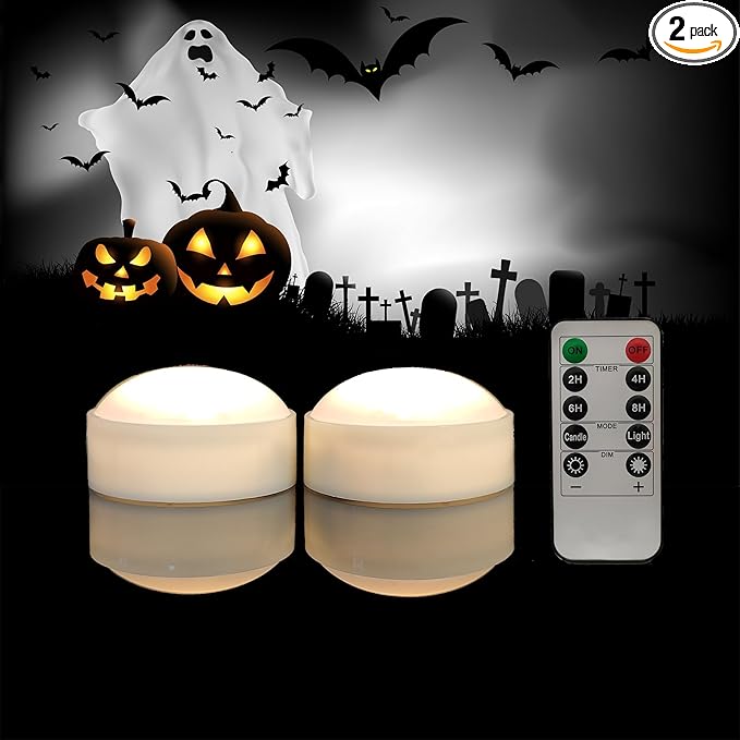 2 PCS Halloween Pumpkin Lights with Remote and Timer Battery Operated LED Bright Flickering Flameless Candle Set Bulk for Jack-O-Lantern Décor Halloween Party Home Spooky Decorations, White Color