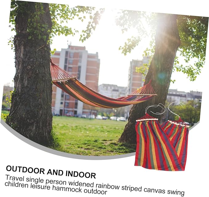 Single Person Striped Hammock Outdoor Swing Rainbow Cotton Canvas Portable Leisure Hammock for Travel and Patio Use with Anti-tip Design