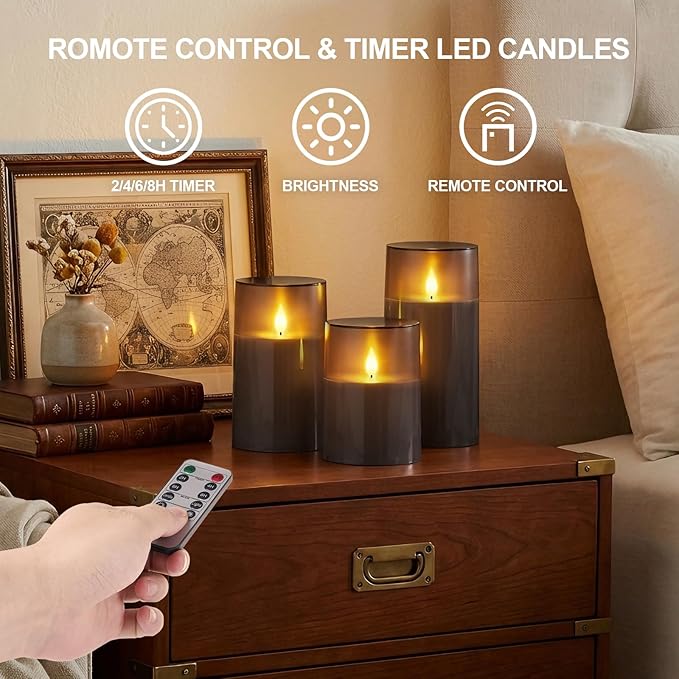 Homemory 3"×4" 5" 6" Battery Candles with Remote & Timer, Gray Acrylic Realistic Flickering LED Pillar Candles, Waterproof Fake Candle for Home and Lantern Decor, Set of 3