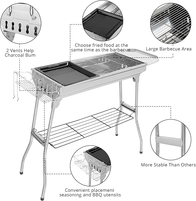 Outvita Portable Charcoal Grill, 39 x 12x 28" Foldable Barbecue Grill, Stainless Steel BBQ Grill for Outdoor Cooking Camping Hiking Picnic Garden Beach Party(Large)