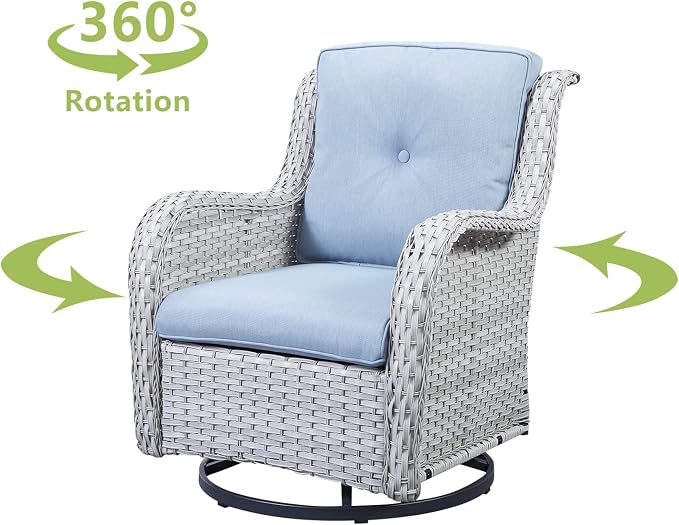 HUMMUH 5 Pieces Outdoor Furniture Patio Furniture Set Wicker Swivel Patio Chairs with 2 Seater Outdoor Sectional Sofa/Patio Loveseat with Ottomans(Light Grey/Light Blue)