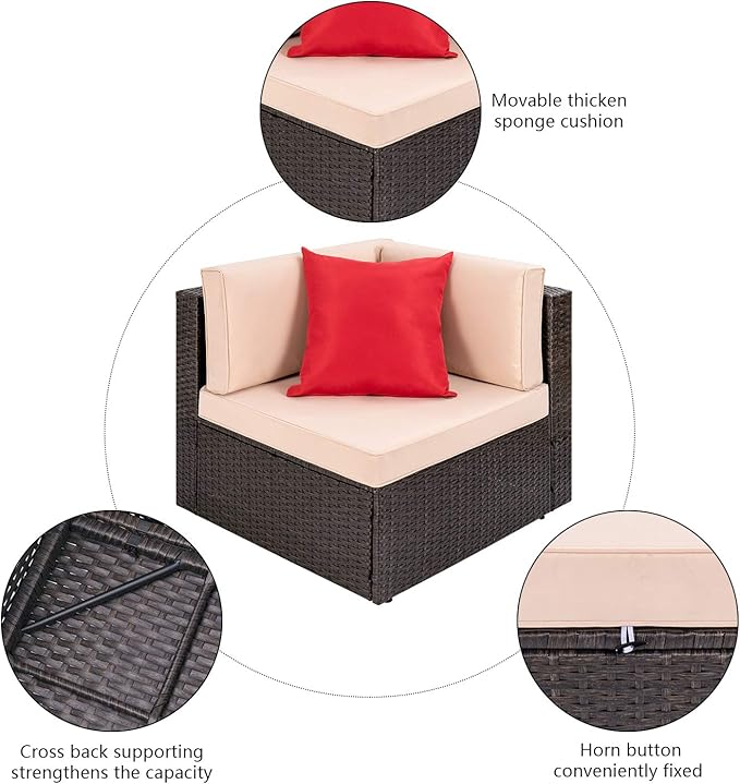 Devoko 9 Pieces Outdoor Patio Sectional Sofa All-Weather Patio Furniture Sets Manual Weaving Wicker Rattan Patio Conversation Set with Cushions and Glass Table (Brown)