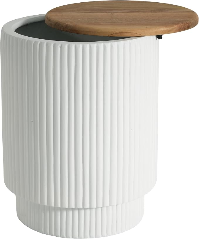 Christopher Knight Home Utara Patio Lightweight Concrete Round Coffee Table with Storage, Indoor and Outdoor End Table, MGO Outdoor Side Table with Acacia Wood Top, No Assembly, White + Brown