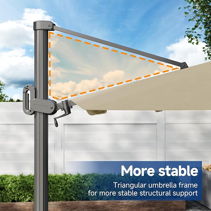 FLAME&SHADE 11ft Cantilever Patio Umbrella with Base, Round Offset Umbrella with Solar Light Strips, Large Heavy Duty Outdoor Aluminum 360° Rotation,for Deck,Pool,Backyard