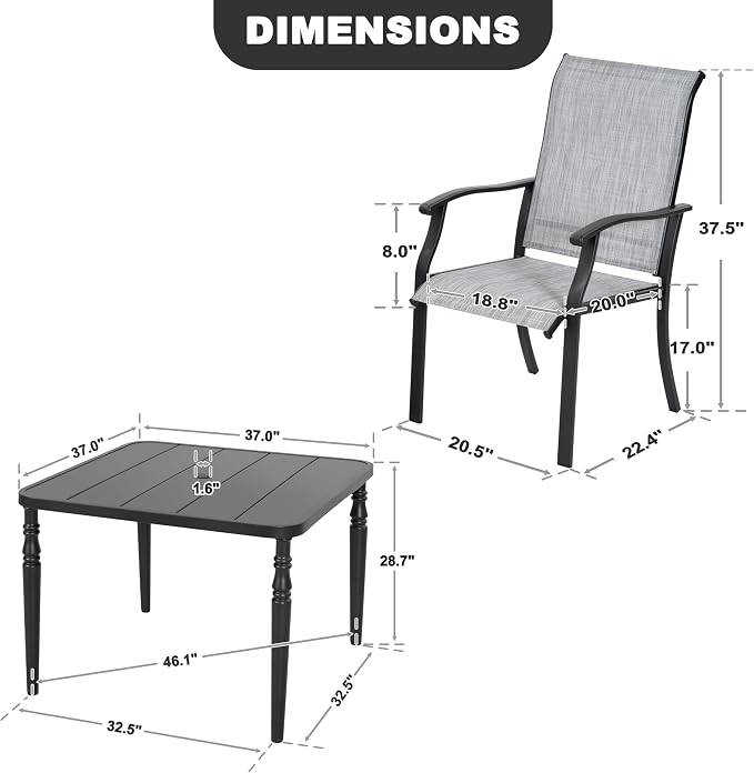 NUU GARDEN 5-Piece Patio Dining Set with Umbrella Hole, Outdoor Dining Set with 4 Textilene Chairs and 1 Square Metal Table, All Weather Patio Furniture Set for Backyard, Garden, Gray and Black