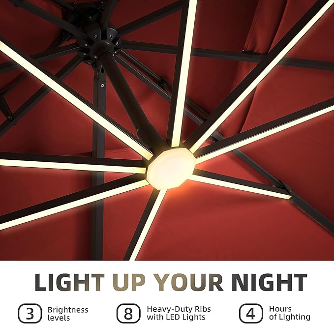 9 X 12 FT Cantilever Patio Umbrella with Led Lights Outdoor Heavy Duty Double Top Rectangle Offset Umbrellas with 360-degree Rotation for Pool Deck Backyard, Wine Red