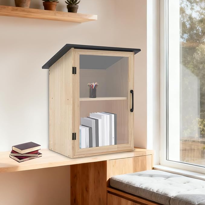 Outdoor Library Box, 15.7x11x22.4inch Wood Literature Exchange Box DIY Little Wood Cabinet with Waterproof Roof and Shelf for Outside Neighborhoods Community and Schools Sharing Books (Sloped Roof)