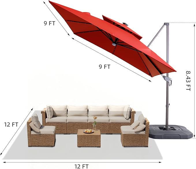 JZAC & QZYD 9x9 FT Outdoor Cantilever Patio Umbrella with Base Included and Solar LED Lights, Large Heavy Duty 2-Tier Square Aluminum Offset Umbrellas with 360-Degree Rotation for Pool Deck, Red
