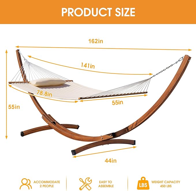 Lazy Daze Hammocks Double Quilted Hammock with 13 FT Curved Steel Heavy Duty Stand and Pillow for Outside, Backyard, Patio, 450 Lbs Capacity, Cream