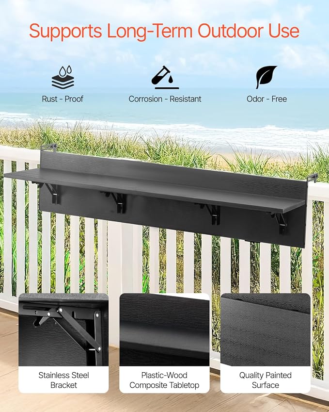 VEVOR Balcony Hanging Table, 59 x 12 inch, Outdoor Balcony Bar Table for Railings, 50 lbs Loading, Fit Railing from 1" to 4.3", Serving Table for Patio & Deck