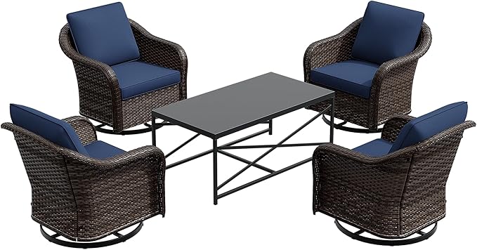 5 Pieces Outdoor Patio Conversation Furniture Set, 4 Pieces Rattan Glider 360 Degree Swivel Rocker Chairs with Removable Cushions, Coffee Table for Porch, Poolside (Navy Blue)