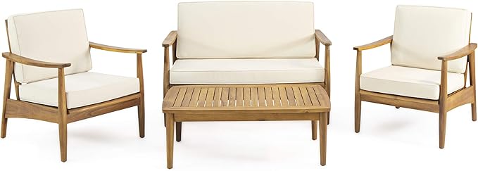 Christopher Knight Home Felix Outdoor Acacia Wood 4 Seater Chat Set with Coffee Table, Teak Finish, Beige
