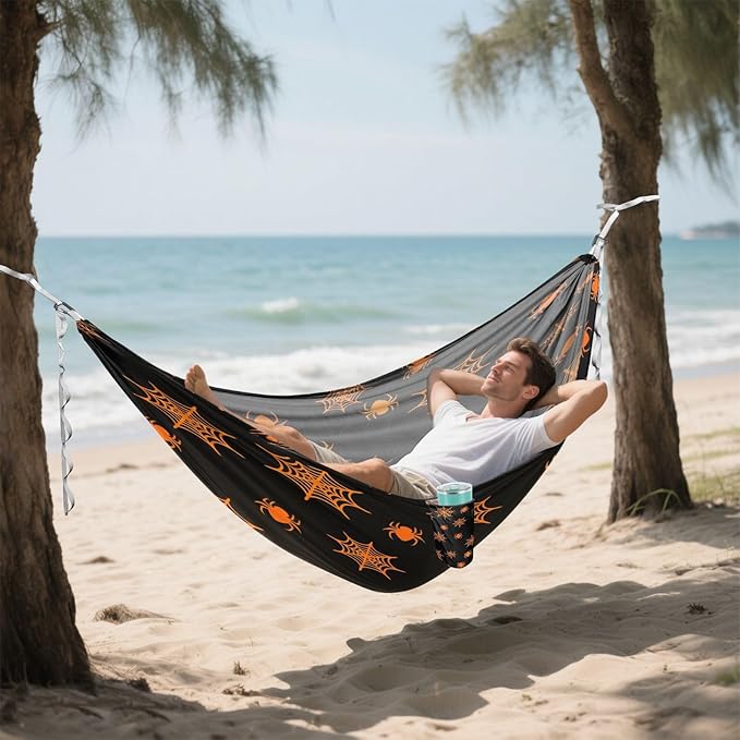Hammocks for Outside Orange Spiderwebs Camping Hammock Portable Hammocks with Tree Straps and Carry Bag Camping Accessories for Hiking Beach Outdoor